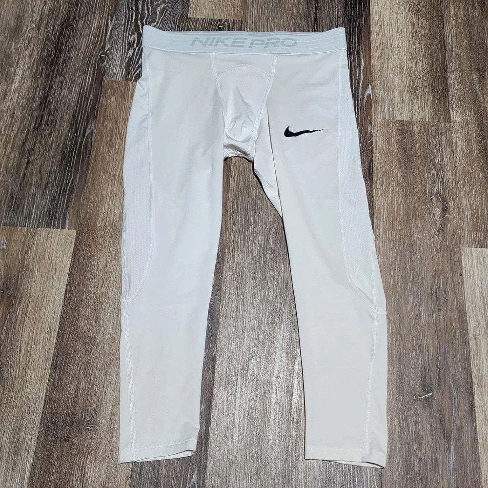 NIKE Pants Mens L PRO DRI FIT Training Tights Performance Pull On Athletic White